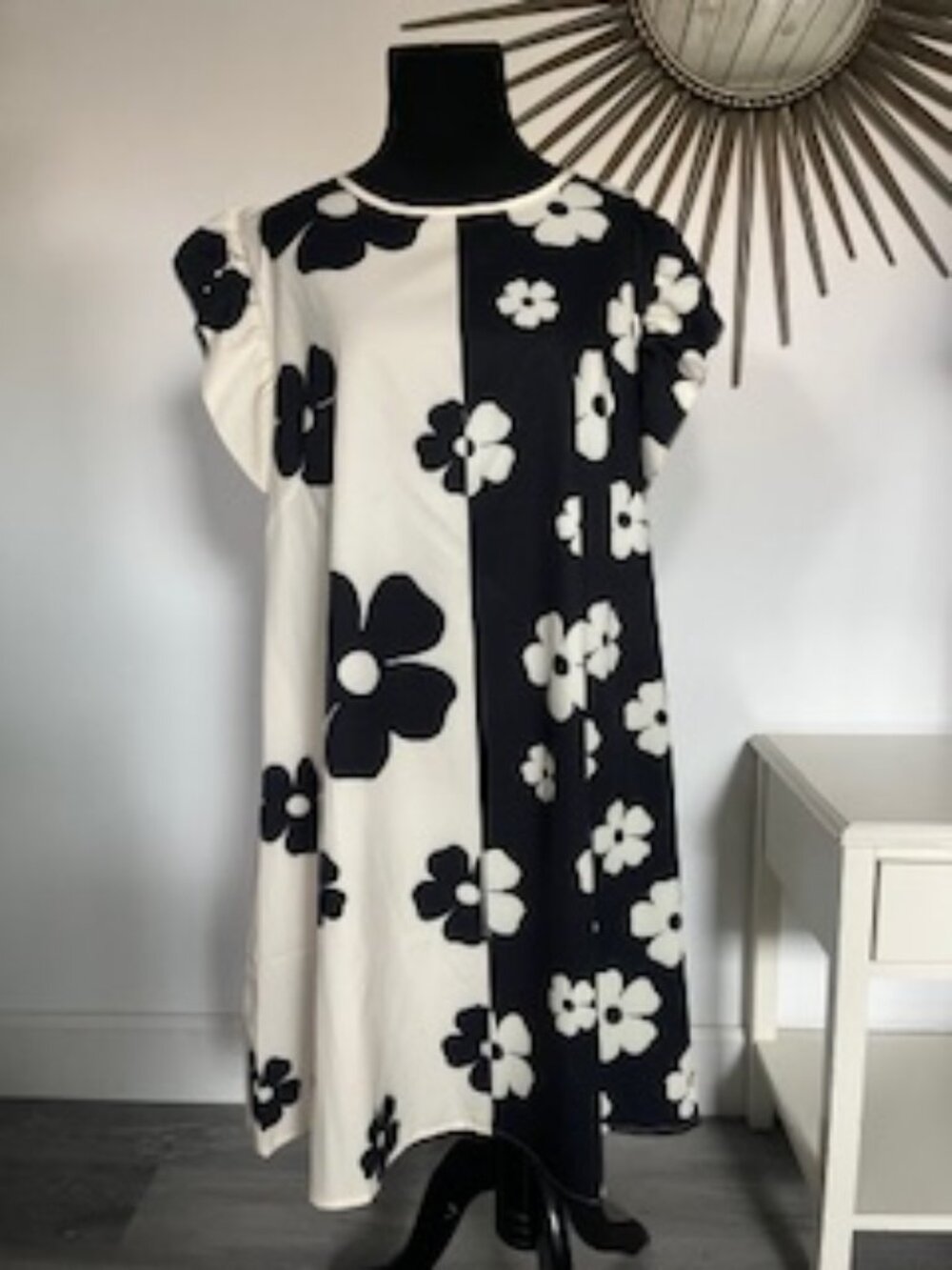 🧡3/15 Floral Patchwork Ruffle Sleeve Dress Black Cream Women's 2XL
